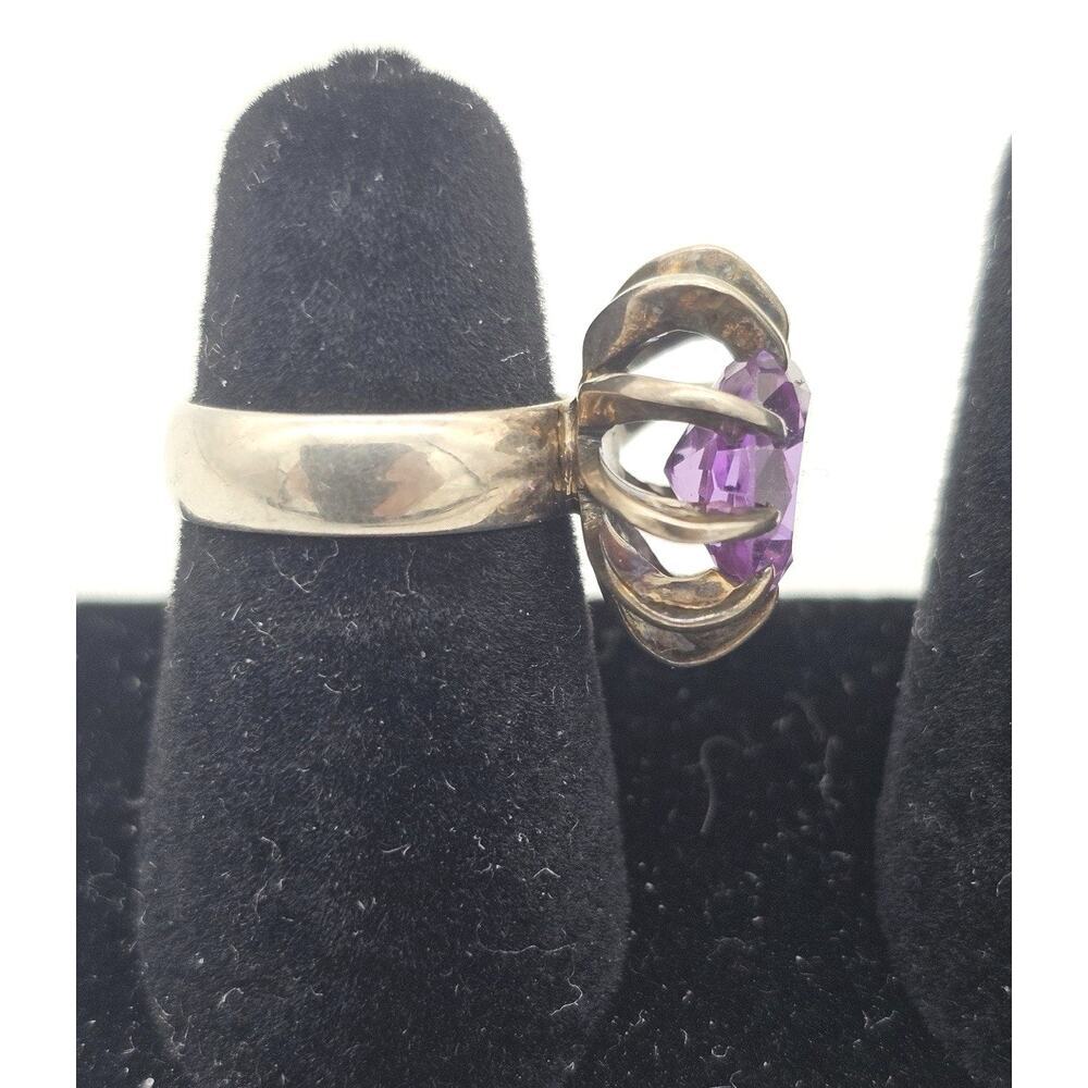 VTG Taxco Mexico Sterling Silver Round Purple Sapphire Cocktail Ring Size 4.5 - Picture 2 of 9